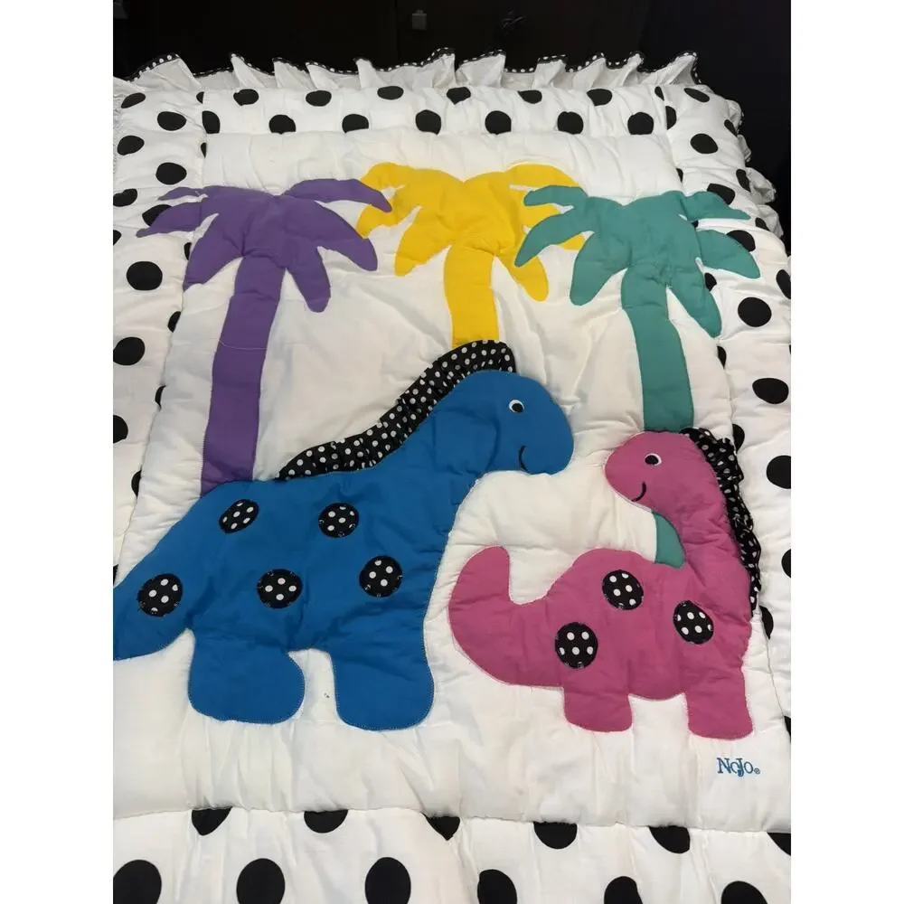 Vtg Polla Dot DinosaurCrib Blanket, Crib Skirt Bed Ruffle & Hamper Bag 3 pieces